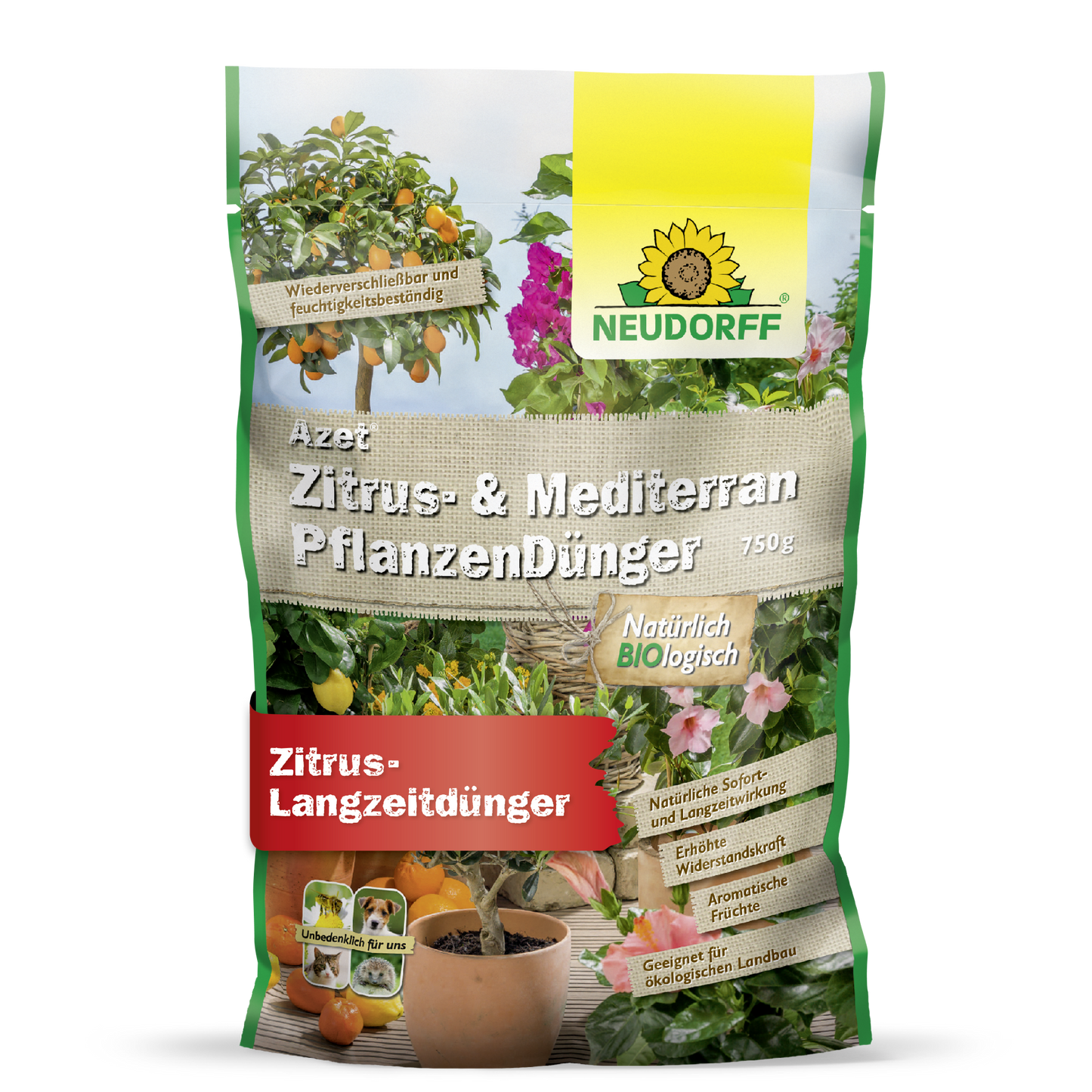Ein 750g Beutel Neudorff Shop Azet Zitrus- & MediterranpflanzenDünger, ideal für mediterrane Kübelpflanzen wie Oleander. Dieser organische Dünger bietet eine natürliche, langanhaltende Nährstoffversorgung und zeigt auf seiner Verpackung Zitrus- und Blütenpflanzen.