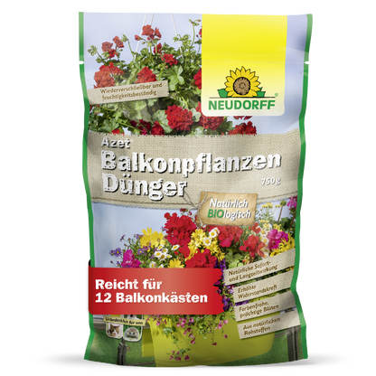 Azet BalkonpflanzenDünger von Neudorff Shop kommt im 750g Beutel mit Bildern von Sommerblumen, ist biologisch und für bis zu 12 Balkonkästen geeignet.