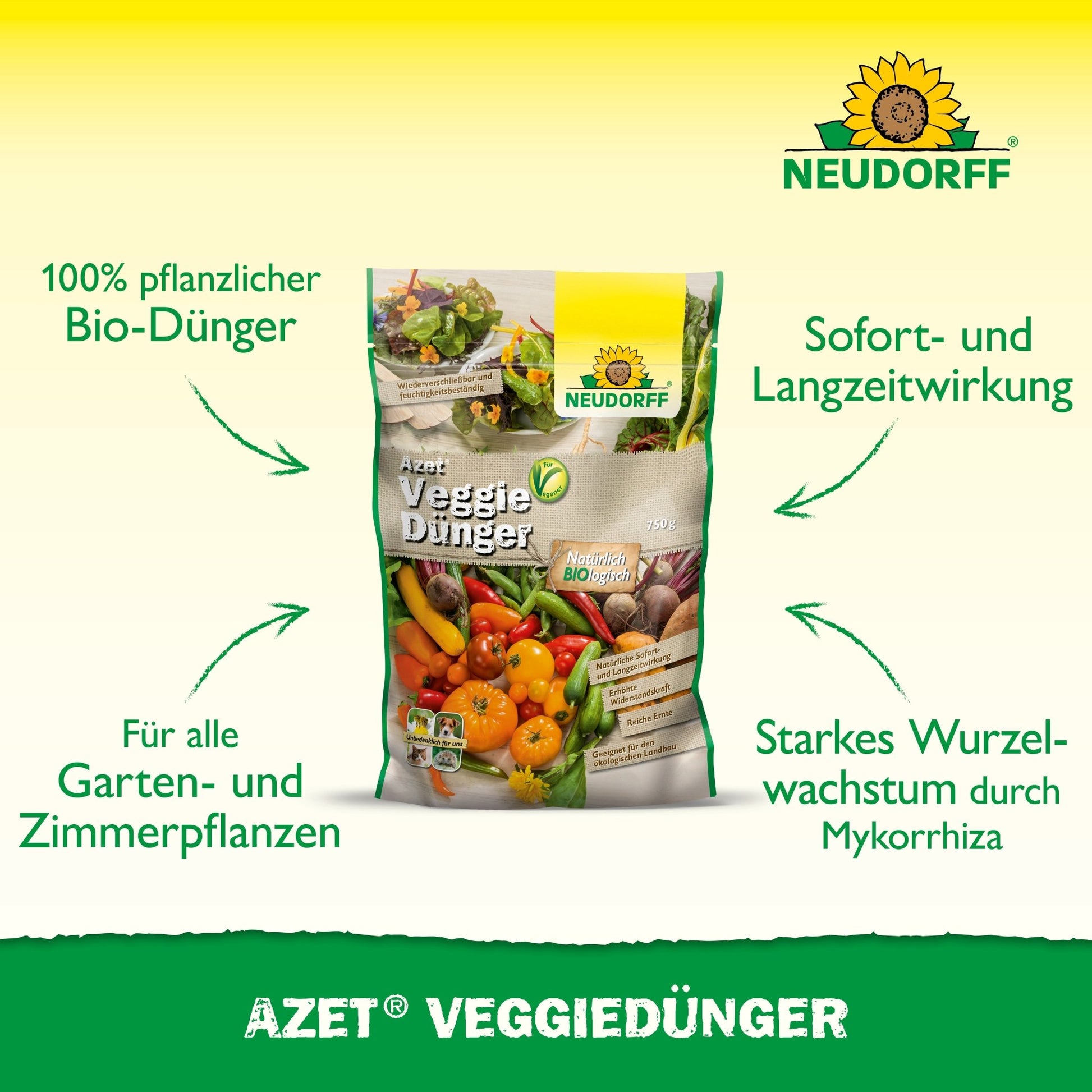 Ein Beutel Azet VeggieDünger von Neudorff Shop ist mit Gemüsebildern abgebildet. Der Text hebt ihn als 100% veganen Dünger für Garten- und Zimmerpflanzen hervor, der eine sofortige Wirkung hat und ein starkes Wurzelwachstum fördert.