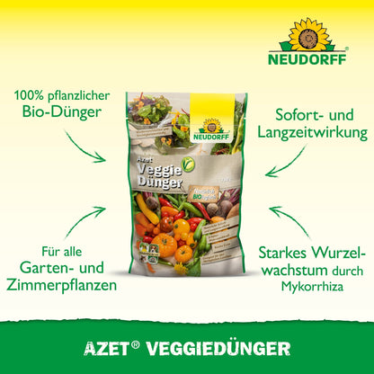 Ein Beutel Azet VeggieDünger von Neudorff Shop ist mit Gemüsebildern abgebildet. Der Text hebt ihn als 100% veganen Dünger für Garten- und Zimmerpflanzen hervor, der eine sofortige Wirkung hat und ein starkes Wurzelwachstum fördert.