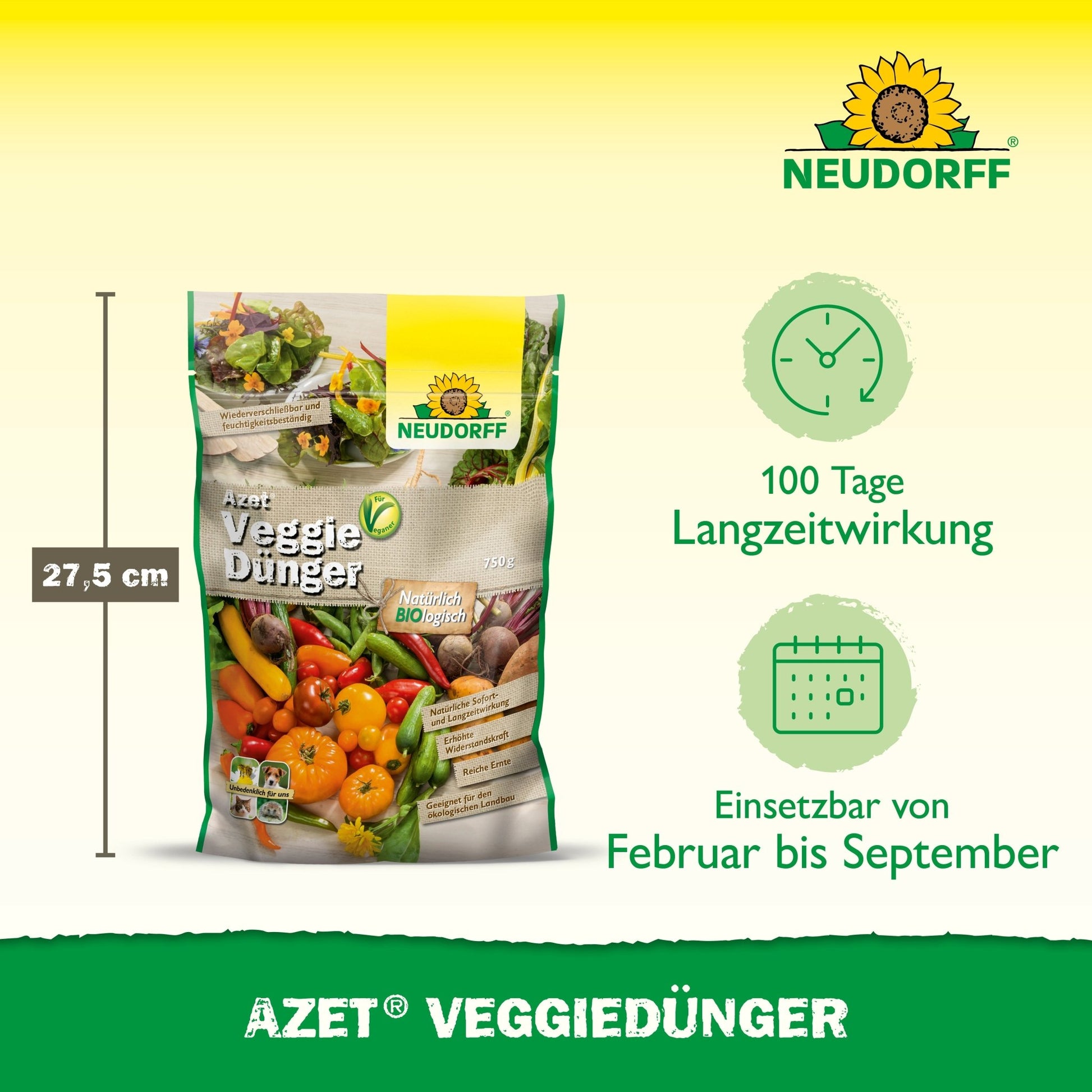 Ein 2,5-kg-Sack Azet VeggieDünger von Neudorff Shop mit einer Höhe von 27,5 cm wird mit einem Verpackungsdesign mit Gemüse gezeigt, das die 100-tägige Langzeitwirkung und die empfohlene Verwendung von Februar bis September hervorhebt.