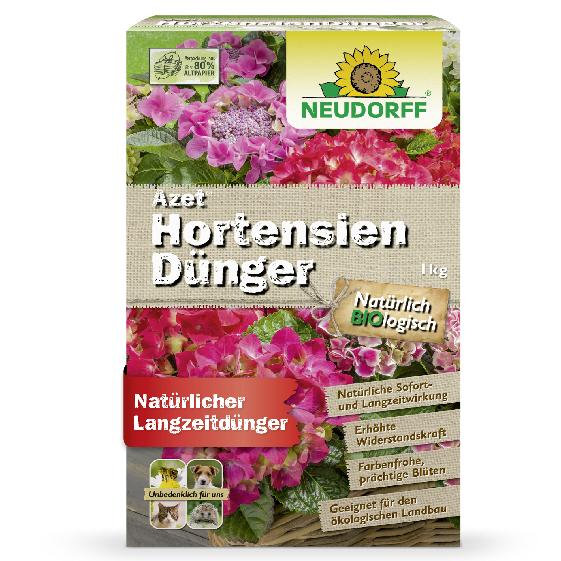 A 1 kg box of Azet HortensienDünger from the Neudorff Shop - a natural fertilizer for garden hydrangeas. The packaging features colorful hydrangea flower balls and product details in German.