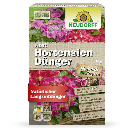 A 1 kg box of Azet HortensienDünger from the Neudorff Shop - a natural fertilizer for garden hydrangeas. The packaging features colorful hydrangea flower balls and product details in German.