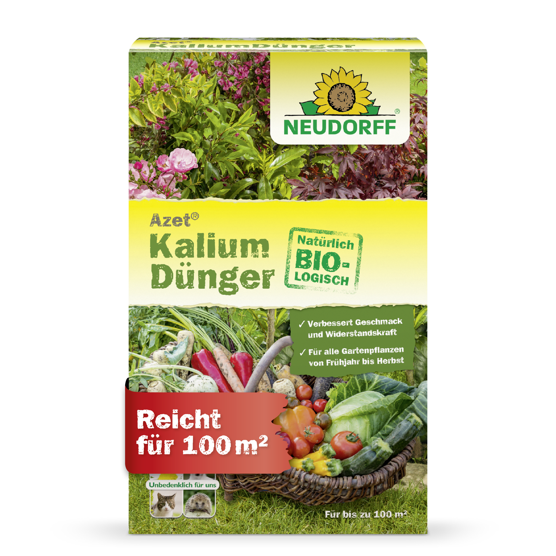 Azet KaliumDünger aus dem Neudorff Shop ist ein organischer Dünger für alle Gartenpflanzen, beugt Kaliummangel vor, deckt bis zu 100 m² und zeigt Bilder von Gemüse und Blumen - ideal zum Pflanzen düngen.