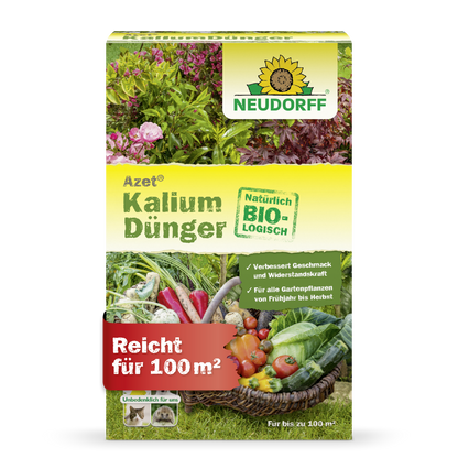 Azet KaliumDünger aus dem Neudorff Shop ist ein organischer Dünger für alle Gartenpflanzen, beugt Kaliummangel vor, deckt bis zu 100 m² und zeigt Bilder von Gemüse und Blumen - ideal zum Pflanzen düngen.