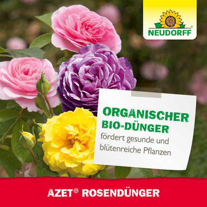 Ein Etikett für Azet RosenDünger flüssig von Neudorff Shop zeigt rosa, lila und gelbe Rosen, das Neudorff-Logo und die Aufschrift "Organischer Bio-Dünger fördert gesunde und blütenreiche Pflanzen".