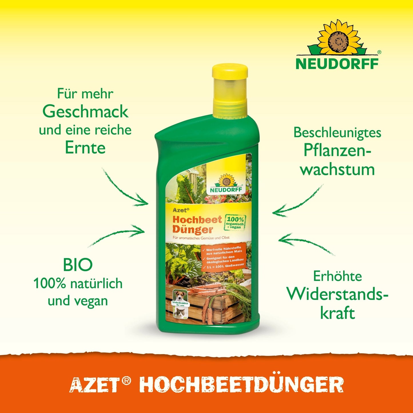 A green plastic bottle of Neudorff Shop Azet Raised Bed Fertilizer liquid with a yellow cap, featuring text about the organic, plant-based nutrients for raised bed gardens that enhance taste and yield and support healthy plant growth.