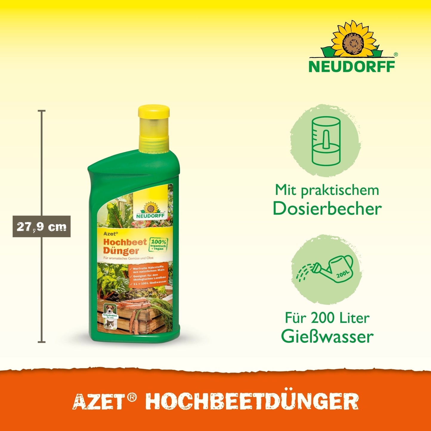 A 27.9 cm tall bottle of Neudorff Shop Azet Raised Bed Fertilizer liquid is depicted with pictograms for a practical dosing cap and suitability for 200 L of watering solution. The label shows garden motifs and highlights important nutrients for raised beds.