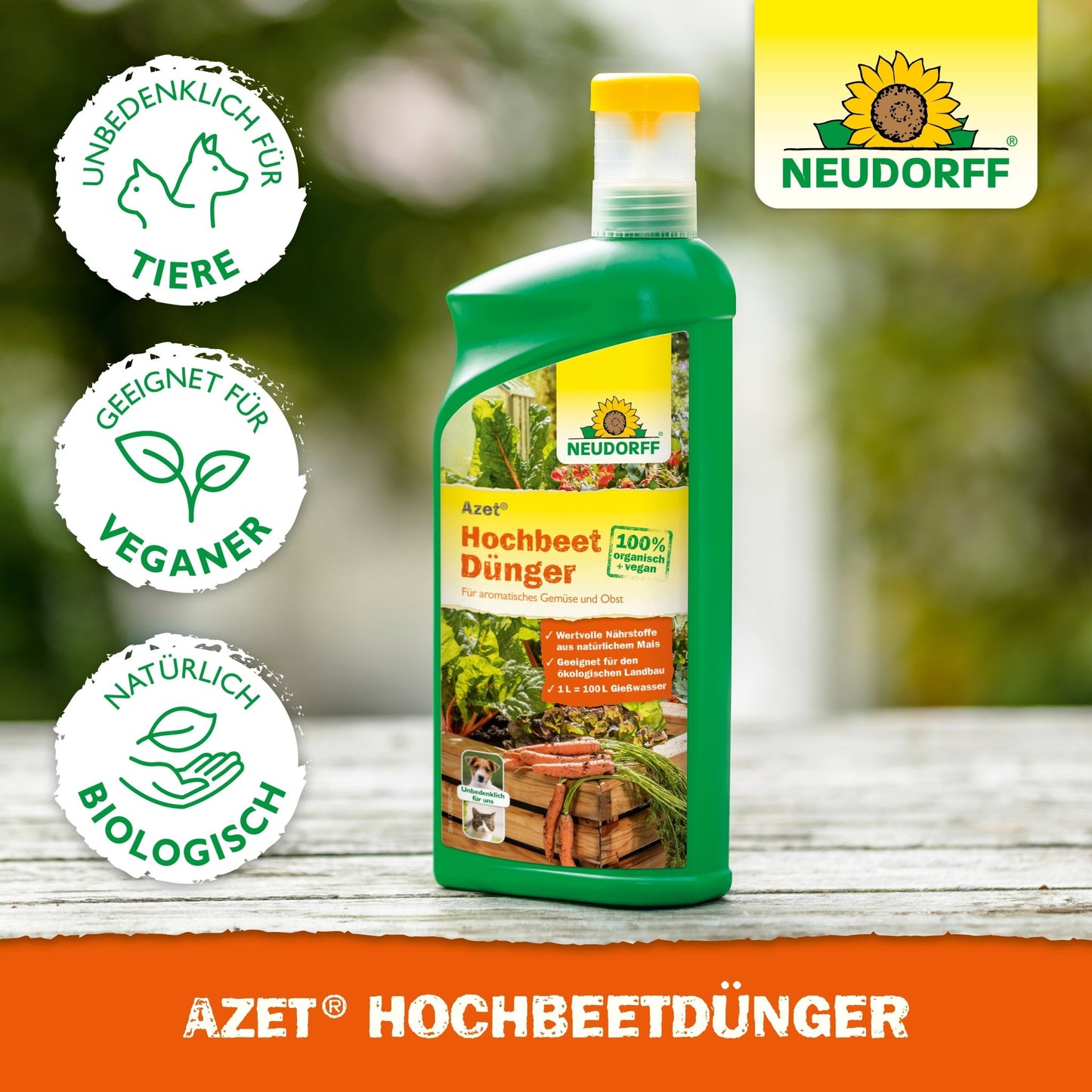 A green bottle of Neudorff Shop Azet Raised Bed Fertilizer liquid stands on a wooden rack with plants behind it. Pictograms indicate that it is cruelty-free, vegan, and as an organic liquid fertilizer rich in natural nutrients.