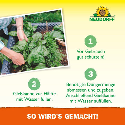 A person applies Azet Raised Bed Fertilizer liquid from the Neudorff Shop to green leafy plants in a raised bed using a watering can. The preparation steps for the nutrient solution and the Neudorff logo are depicted, including German instructions.