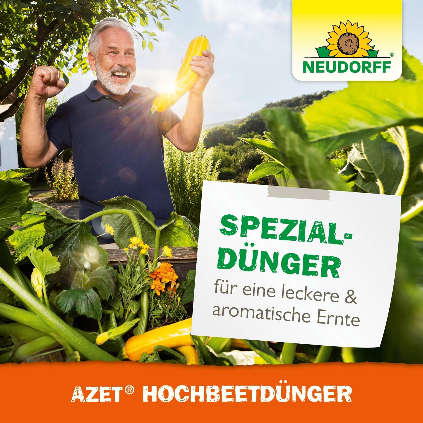 An older man with gray hair and a beard celebrates in a lush raised bed garden and holds a yellow zucchini in his hand. A sign reads "Special fertilizer for a delicious & aromatic harvest". Neudorff Shop Azet Raised Bed Fertilizer liquid logo top right.