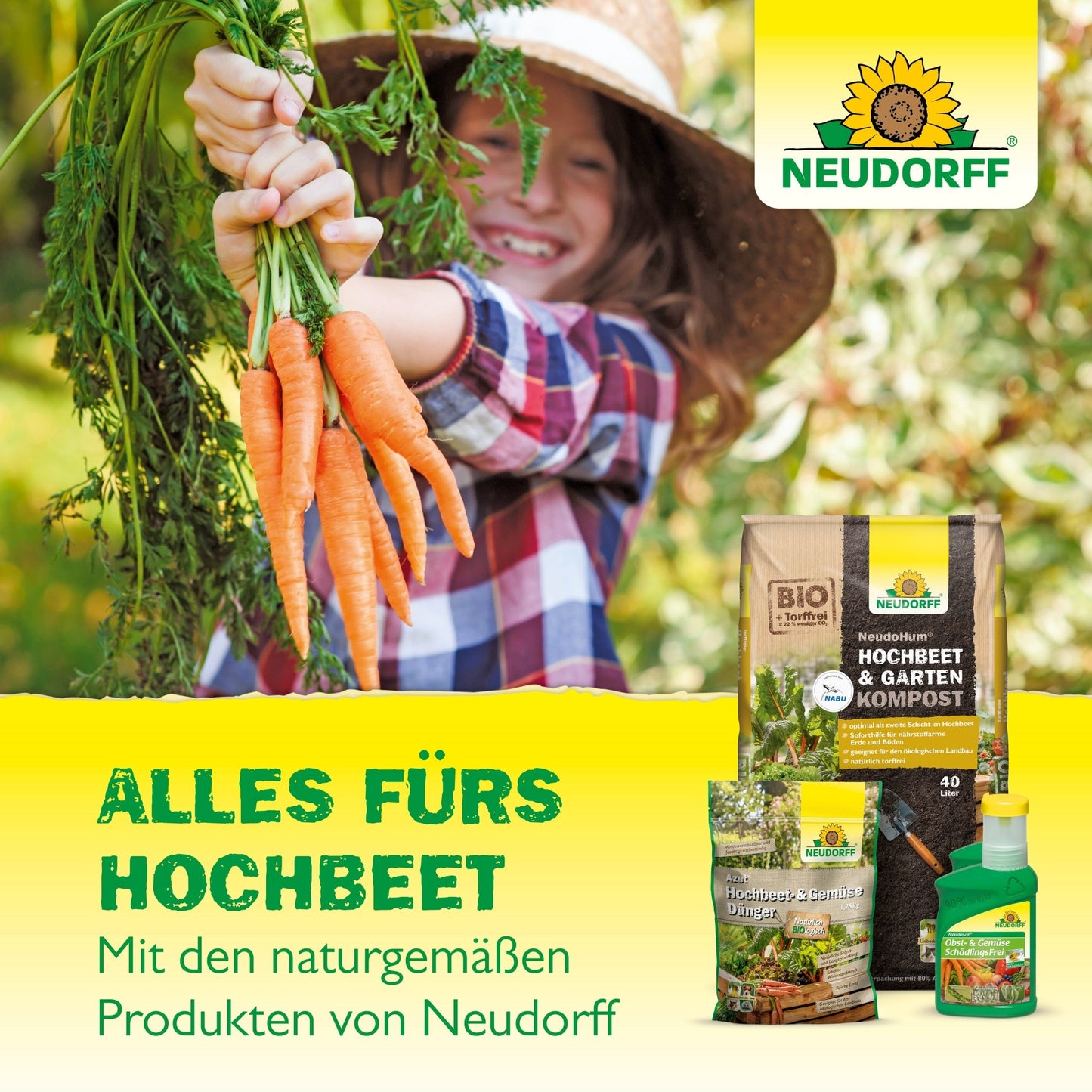 A smiling child with a hat holds fresh carrots in hand, with Azet Raised Bed Fertilizer liquid from Neudorff Shop visible in front. The text highlights Azet Raised Bed Fertilizer liquid as the ideal nutrient for the raised bed.