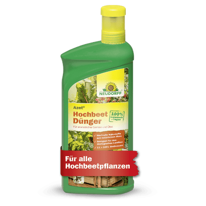 A green plastic bottle of Neudorff Shop Azet Raised Bed Fertilizer liquid with a yellow cap, labeled with 100% organic, nutrient-rich, ideal for raised bed plants and with vegetables on the front.