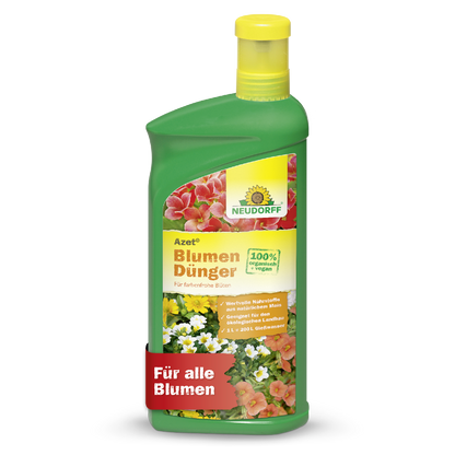Eine grüne Plastikflasche Neudorff Shop Azet BlumenDünger flüssig mit gelber Kappe, Blumenetikett, deutschem Text und einer "100% Bio"-Plakette. Dieser Flüssigdünger unterstützt das gesunde Wachstum aller Blumen.