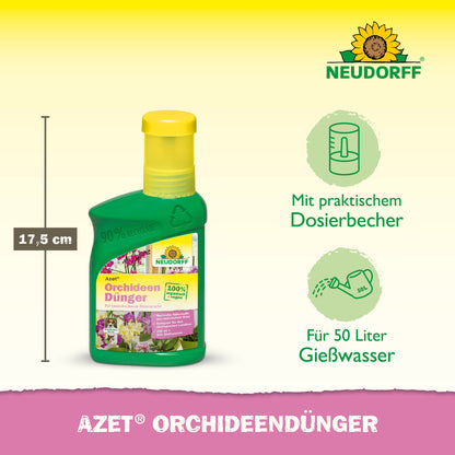 Abgebildet ist eine 17,5 cm große grüne Flasche Neudorff Shop Azet OrchideenDünger flüssig mit gelbem Verschluss. Die Piktogramme zeigen, dass sie einen Dosierbecher hat, 50 Liter fasst und eine lebendige Blüte unterstützt. Der Etikettentext ist auf Deutsch.