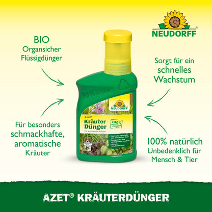Eine grün-gelbe Flasche Neudorff Shop Azet KräuterDünger flüssig ist mit einem deutschen Text abgebildet, der die biologischen, natürlichen und sicheren Eigenschaften für Menschen und Haustiere hervorhebt und gesündere Kräuter mit besserem Wachstum und Geschmack fördert.