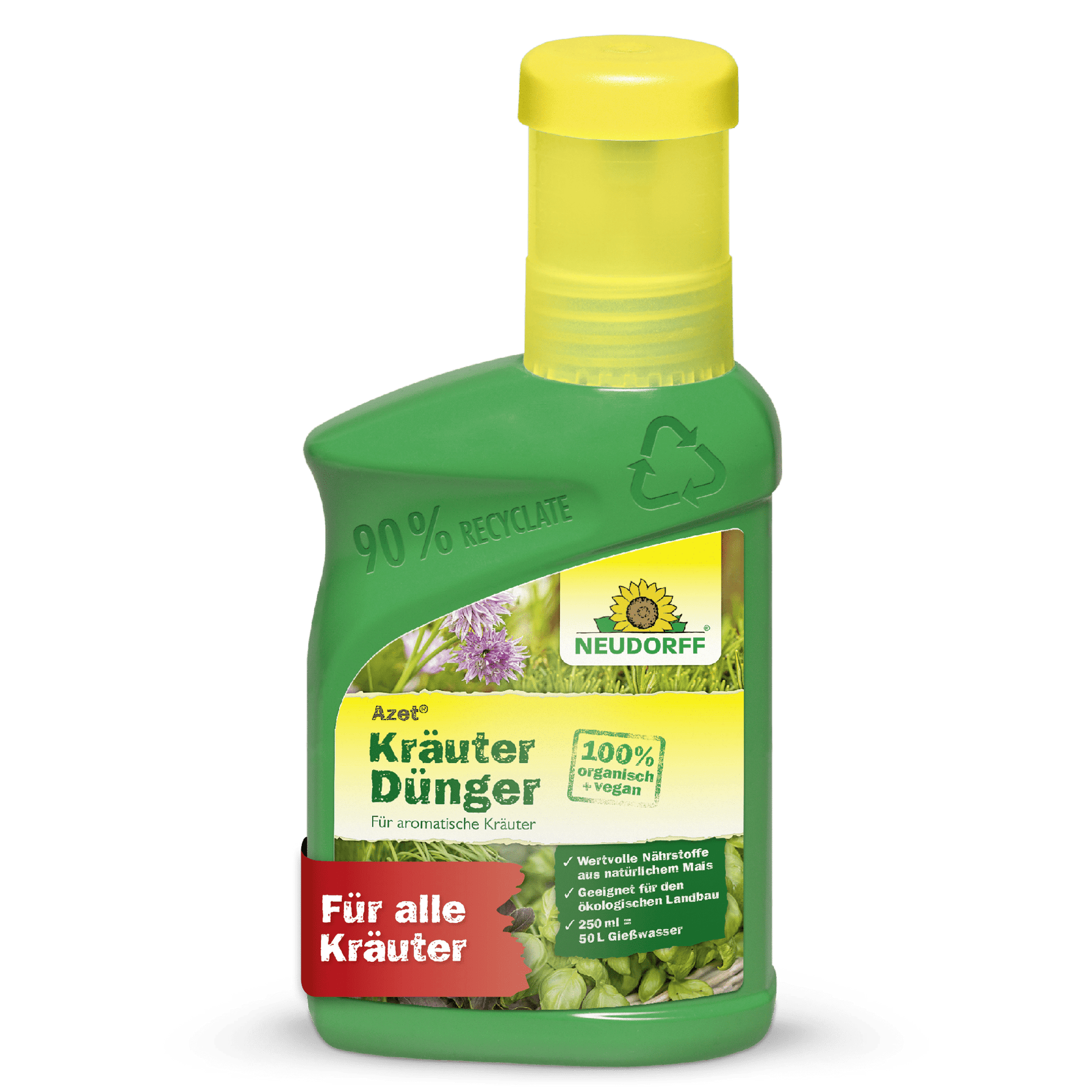 Eine grüne Plastikflasche von Neudorff Shop Azet KräuterDünger flüssig mit gelbem Verschluss, 100% biologisch, ideal für die Gesundheit aller Kräuter, mit Kräuterbildern und Recycling-Informationen auf der Verpackung.