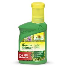 Eine grüne Plastikflasche von Neudorff Shop Azet KräuterDünger flüssig mit gelbem Verschluss, 100% biologisch, ideal für die Gesundheit aller Kräuter, mit Kräuterbildern und Recycling-Informationen auf der Verpackung.