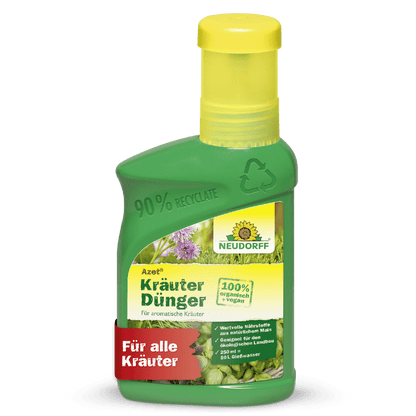 Eine grüne Plastikflasche von Neudorff Shop Azet KräuterDünger flüssig mit gelbem Verschluss, 100% biologisch, ideal für die Gesundheit aller Kräuter, mit Kräuterbildern und Recycling-Informationen auf der Verpackung.