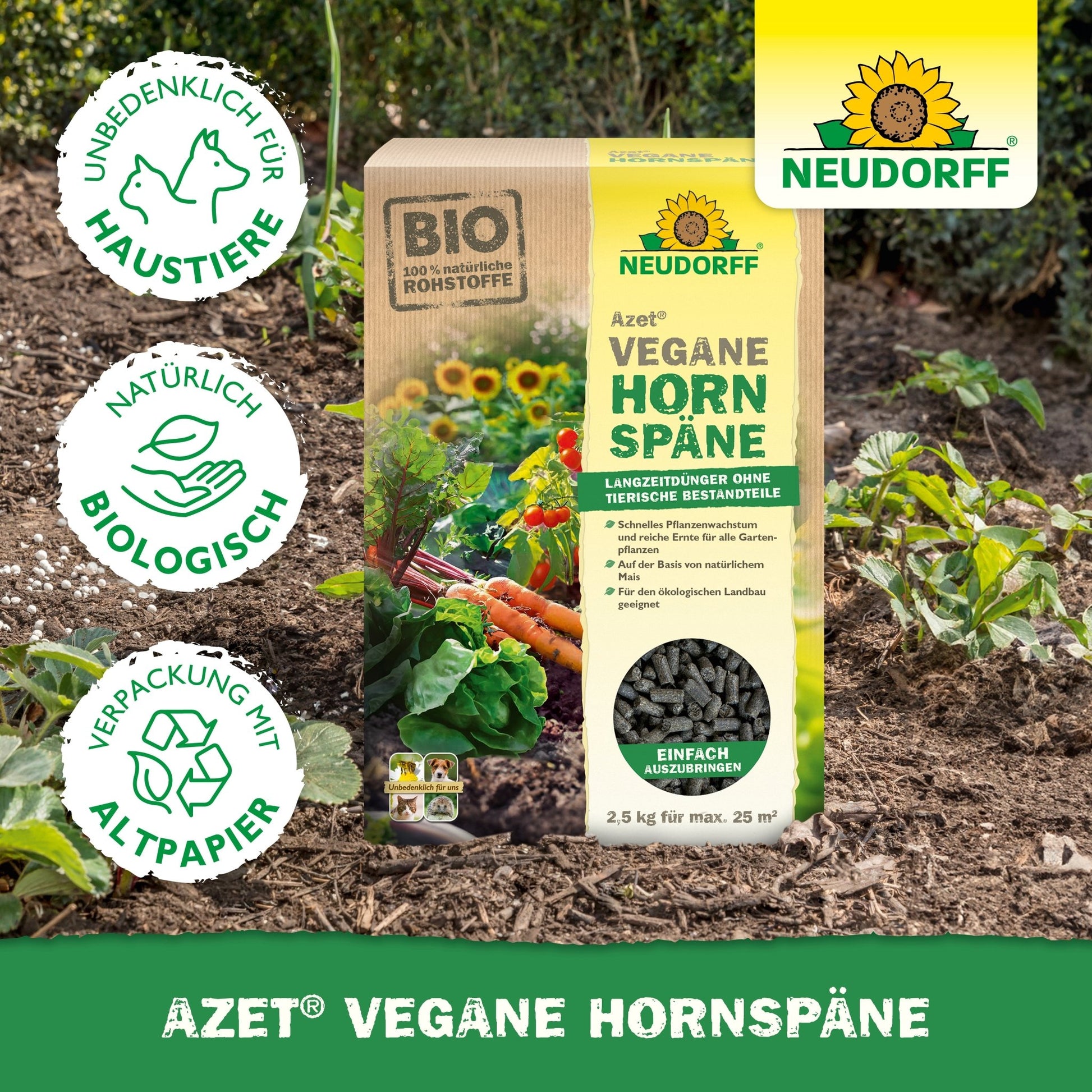 Eine Schachtel Azet Vegane Hornspäne von Neudorff Shop wird in einem Gemüsegarten gezeigt. Die Symbole weisen darauf hin, dass sie tierfreundlich, natürlich, biologisch und in Recyclingpapier verpackt sind und ein gesundes Pflanzenwachstum fördern.
