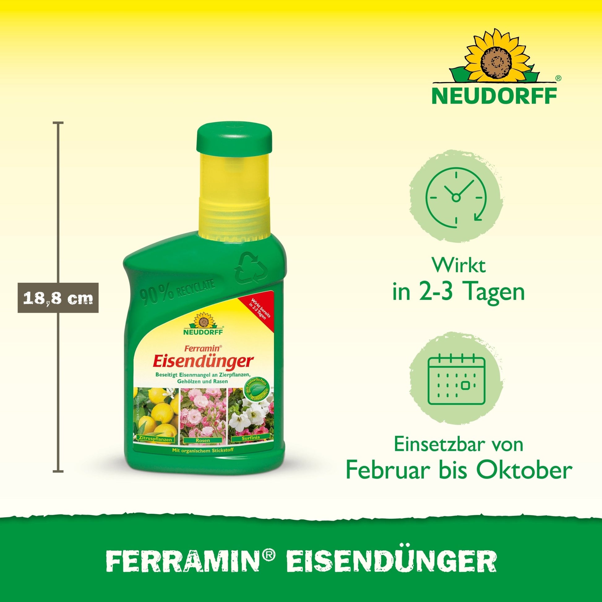 A green 18.8 cm tall bottle of Ferramin iron fertilizer from Neudorff Shop stands against a yellow-green background. The label shows healthy plants and refers to visible effects in 2-3 days when used from February to October, ideal for preventing nitrogen deficiency.