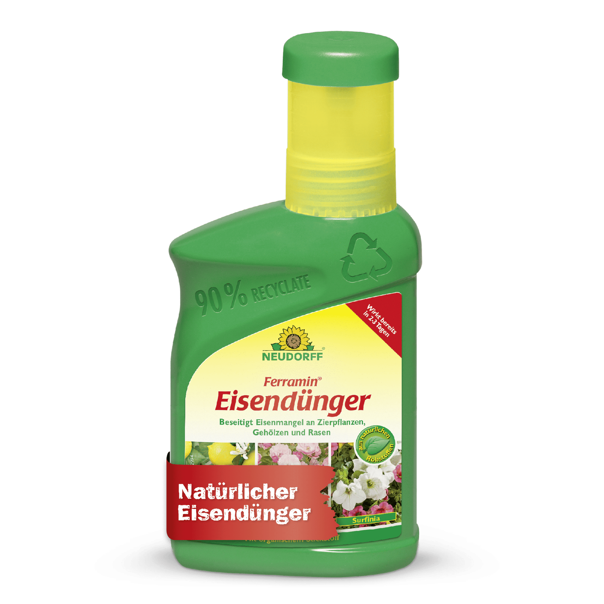 A green plastic bottle of Neudorff Shop Ferramin iron fertilizer with a yellow cap bears the label "natural iron fertilizer" and is intended as iron fertilizer and lawn fertilizer for ornamental plants and lawns against nitrogen deficiency.