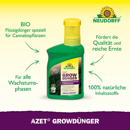 A green bottle of Neudorff Shop Azet GrowFertilizer is centered on a yellow background, with German text highlighting the organic ingredients and benefits for plant growth, ideal for supporting rich cannabis harvests.