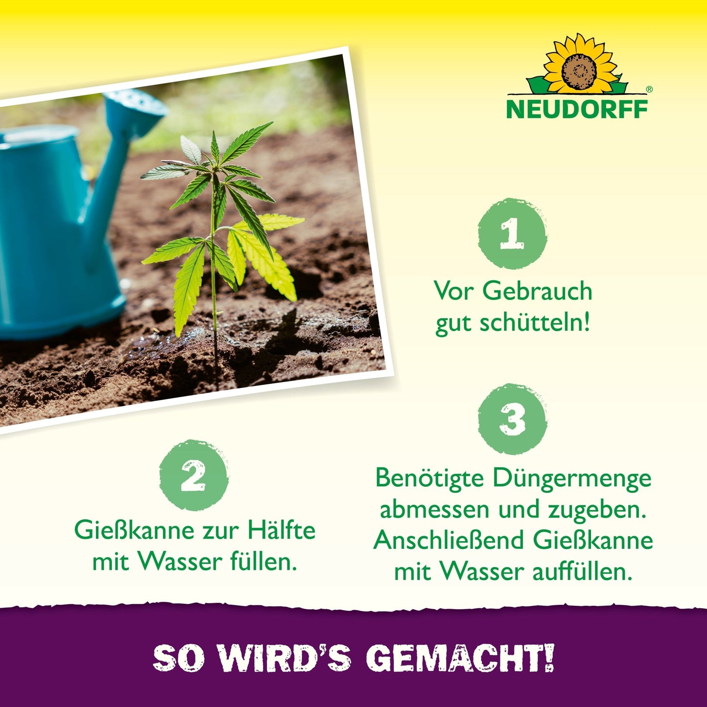 A blue watering can sits next to a small green cannabis plant in the soil. Three German steps for growing cannabis with Azet GrowFertilizer from Neudorff Shop are depicted, along with the Neudorff logo and "HOW IT'S DONE!" in a purple banner below.