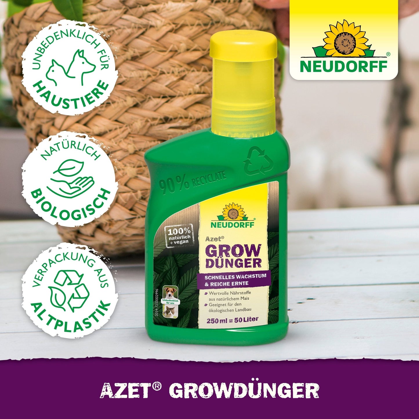 A green bottle of Azet GrowFertilizer from Neudorff Shop rests on a white wooden surface, featuring symbols for environmental and animal protection. The label advertises natural, organic ingredients and packaging made from recycled plastic.