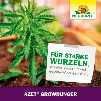 A close-up of a cannabis plant growing in the soil shows the Neudorff Shop logo. A German sign highlights strong roots, rapid growth, and resilience for successful cannabis cultivation. Below, "Azet GrowFertilizer" is displayed.