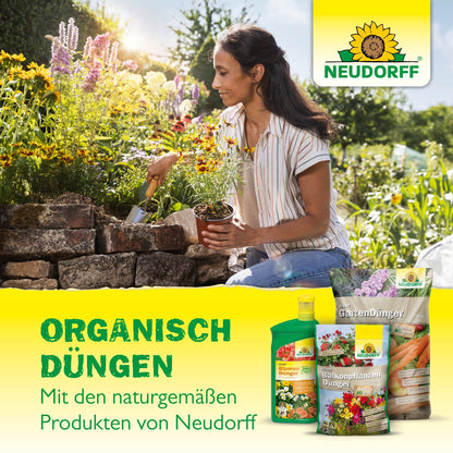 A woman plants flowers in a garden bed. In the foreground are products from the Neudorff Shop, including Azet GrowFertilizer, with German text promoting organic plant fertilization.