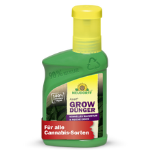Eine grüne Plastikflasche Neudorff Shop Azet GrowDünger mit einer gelben Kappe; auf dem Etikett steht, dass er zu 90% recycelt, vegan, 100% natürlich und perfekt für den Cannabisanbau und alle Cannabissorten ist.