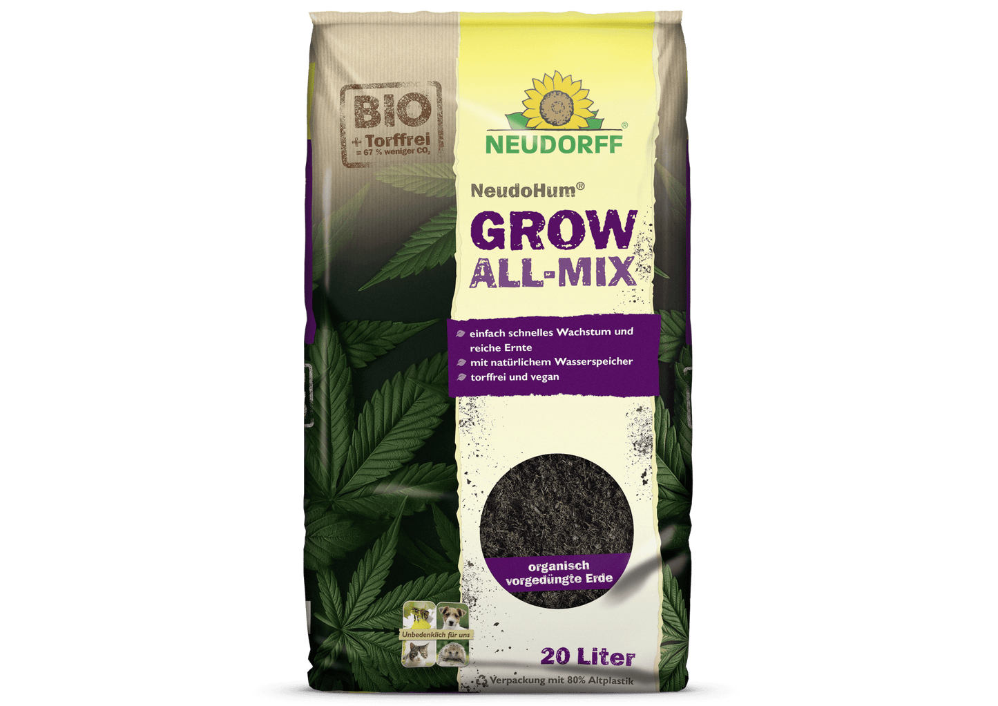 A 20-liter bag of NeudoHum Grow All-Mix from Neudorff Shop in brown-purple packaging with "BIO" and "peat-free" labels, developed for cannabis cultivation and healthy flowering.
