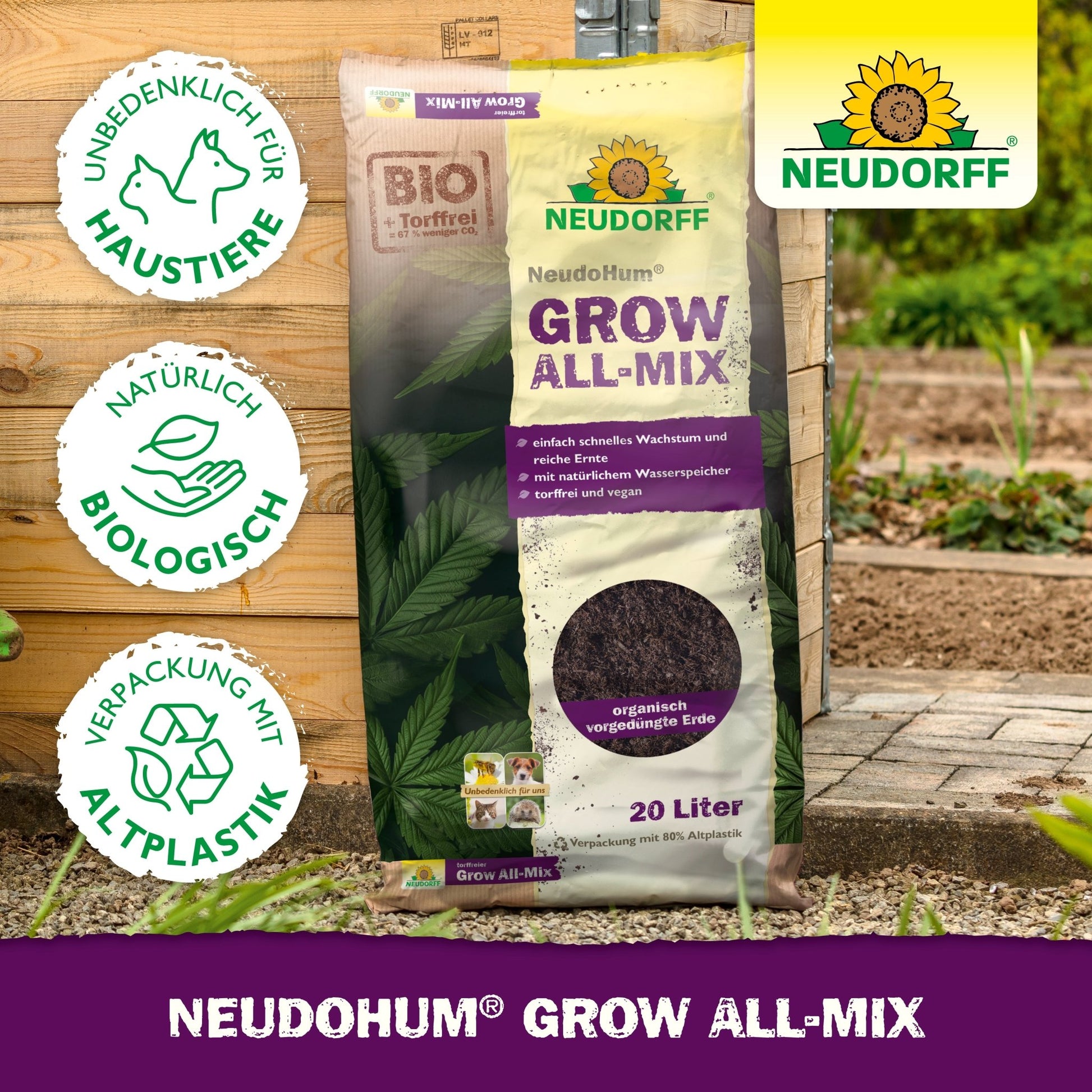 A 20-liter bag of NeudoHum Grow All-Mix from Neudorff Shop is shown outdoors. The packaging highlights pet safety, organic ingredients, and recycled plastic, making it ideal for cannabis cultivation and supporting healthy flowering.