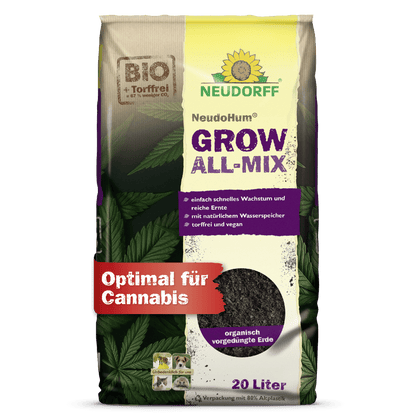 A 20-liter bag of Neudorff Shop NeudoHum Grow All-Mix soil is shown in brown, purple, and yellow packaging with the label "Optimal for Cannabis," highlighting fast growth, organic mix, and improved flowering with cannabis leaves.