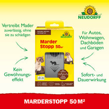 Abgebildet ist eine Schachtel mit der Aufschrift "MarderStopp 50m2" von Neudorff Shop, die auf den wirksamen Schutz gegen Marder hinweist. Die Verpackung zeigt zwei Marderbilder und informiert über die zuverlässige Anwendung und die Vorteile zur Marderabwehr.