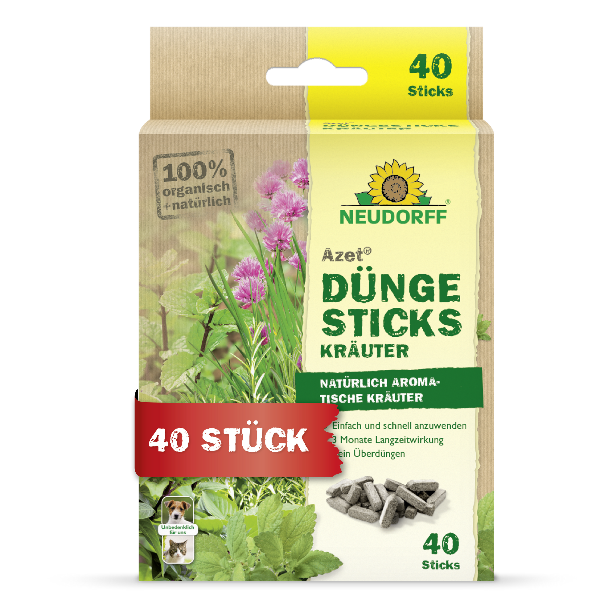 Eine Schachtel Neudorff Shop Azet Düngesticks für Kräuter enthält 40 Düngestäbchen für aromatische Kräuter. Die grün-beige Verpackung mit deutschem Text nährt die in Topferde angebauten Kräuter.