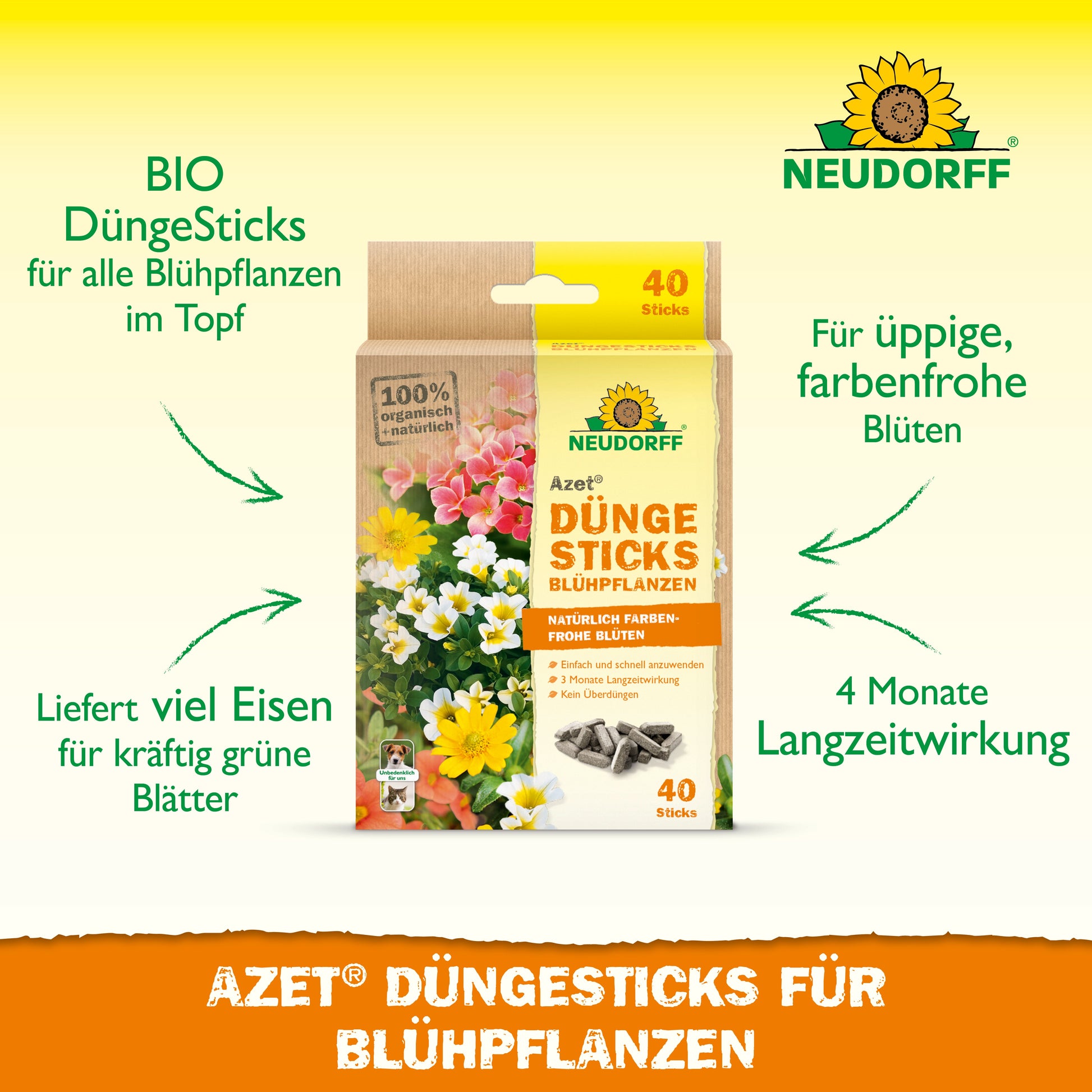 Eine Schachtel Neudorff Shop Azet Düngesticks für Blühpflanzen wird inmitten von Blumen gezeigt, mit Hinweisen auf die 4-Monats-Wirkung, die Eisenversorgung, den organischen Gehalt und die optimale Ernährung für eine lebendige Blüte.