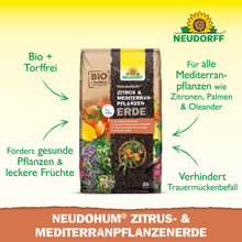 Ein Beutel der Neudorff Shop NeudoHum Zitrus- & MediterranpflanzenErde steht aufrecht. Torffrei, fördert sie gesunde Pflanzen, verhindert Trauermücken - ideal für Ihren Urban Jungle auf Balkon und Terrasse und perfekt für Zitronen und Oleander.