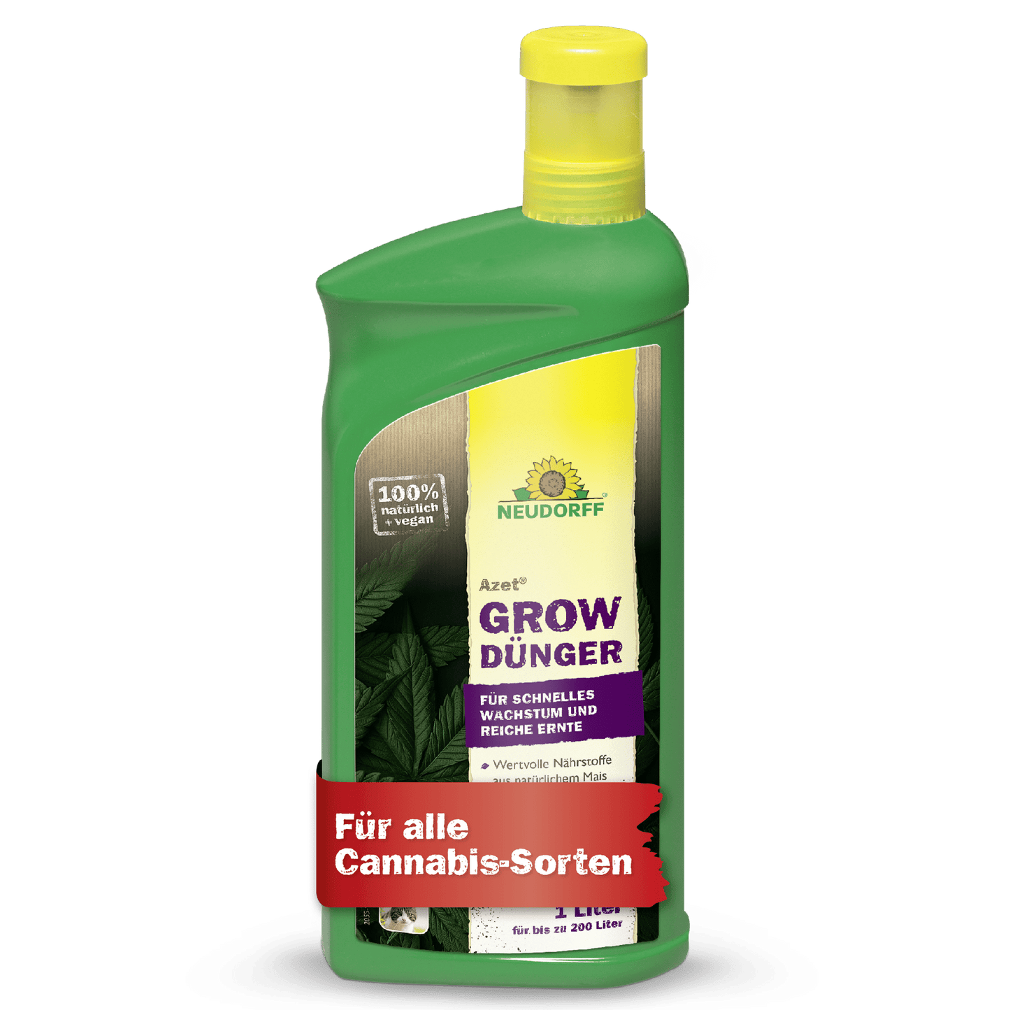 The green Neudorff Shop Azet GrowFertilizer bottle with a yellow cap stands for rapid growth and rich harvest and bears the red inscription "For all cannabis strains" - perfect for successful cannabis cultivation.