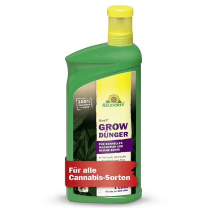 The green Neudorff Shop Azet GrowFertilizer bottle with a yellow cap stands for rapid growth and rich harvest and bears the red inscription "For all cannabis strains" - perfect for successful cannabis cultivation.
