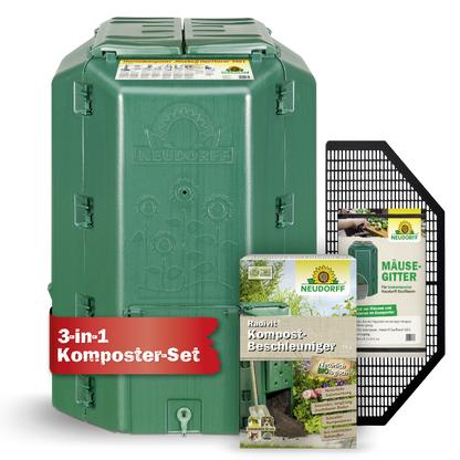 Das Neudorff Shop Komposter-Set besteht aus einem grünen Kompostbehälter aus Kunststoff, einem Beutel Kompost-Beschleuniger und einem schwarzen Nagetierschutzgitter. Auf dem roten Etikett steht "3-in-1 Komposter-Set" - ideal für einfache Kompostierung und nährstoffreiche Erde.