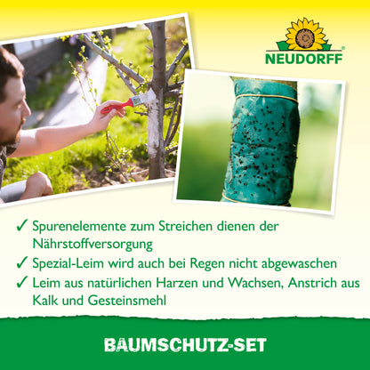 Eine Person trägt Baumschutz-Set-Paste auf einen Baumstamm auf; ein anderes Bild zeigt den mit Leim umwickelten Stamm. Der Text hebt dieses Neudorff Shop-Set mit Nährstoffpaste und wetterfestem Kleber hervor. Oben ist das Neudorff-Logo zu sehen.