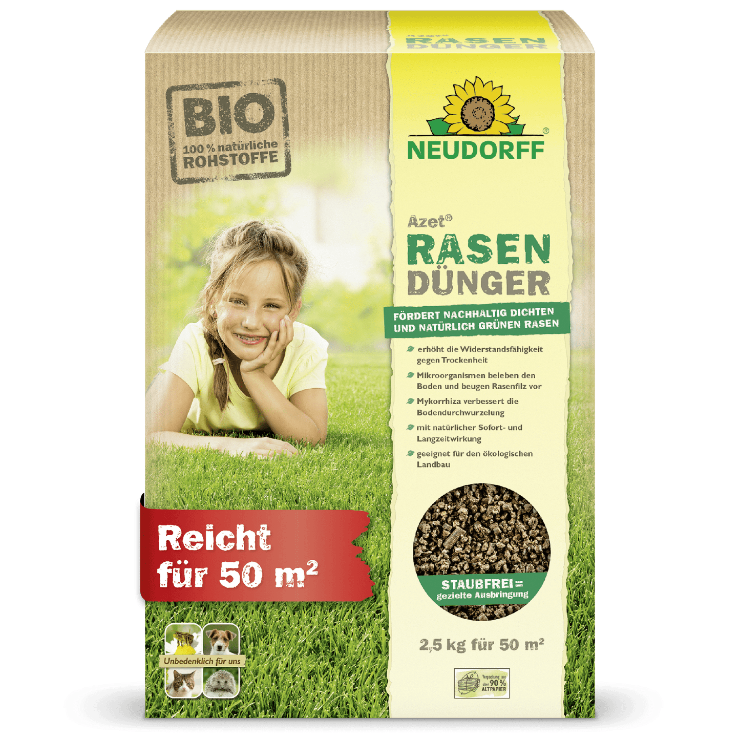 A rectangular box of Neudorff Shop Azet Lawn Fertilizer (2.5-5 kg) shows a photo of a smiling child lying on dense grass. The packaging highlights the organic ingredients and the coverage of up to 50 square meters.