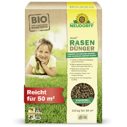 A rectangular box of Neudorff Shop Azet Lawn Fertilizer (2.5-5 kg) shows a photo of a smiling child lying on dense grass. The packaging highlights the organic ingredients and the coverage of up to 50 square meters.