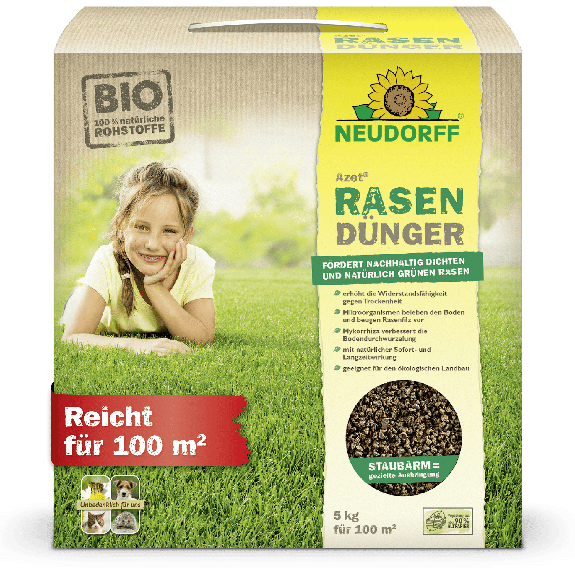 Azet Lawn Fertilizer (2.5-5 kg) from Neudorff Shop: Organic lawn fertilizer with a red label "Covers 100 m²", ideal for dense lawns and balanced nutrition. On the packaging: child on grass.