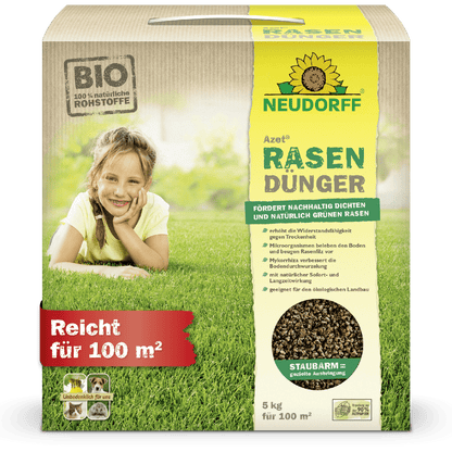 Azet Lawn Fertilizer (2.5-5 kg) from Neudorff Shop: Organic lawn fertilizer with a red label "Covers 100 m²", ideal for dense lawns and balanced nutrition. On the packaging: child on grass.