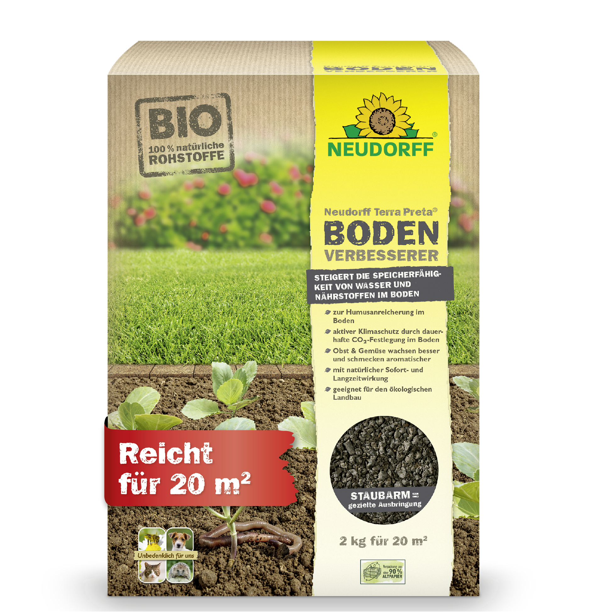 Der 2 kg Terra Preta BodenVerbesserer von Neudorff Shop deckt 20 m² ab und ist ideal zur Verbesserung von Rasen-, Obst- und Gemüseböden. Die deutsche Verpackung zeigt Setzlinge, Erde, BIO-Zertifizierung und ein Staubarm-Symbol.