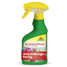 Auf einer grünen Sprühflasche mit gelber Düse mit der Aufschrift "OrchideenPflege" von Neudorff Shop sind Orchideen abgebildet und ein Text weist darauf hin, dass es sich um ein gebrauchsfertiges Pflanzenpflegeprodukt für eine optimale Orchideengesundheit handelt.