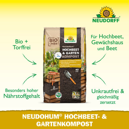 Ein 40-Liter-Sack Neudorff Shop NeudoHum Hochbeet- & GartenKompost wird auf den Boden gelegt und zeigt Symbole für Bio, torffreies Pflanzensubstrat, hoher Nährstoffgehalt, Unkrautfreiheit und Eignung für Hochbeet und Garten.